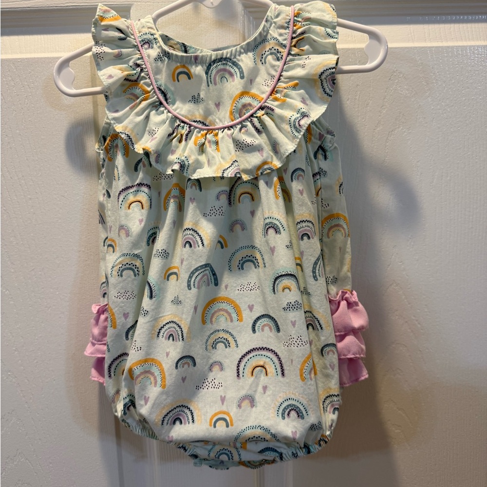 RuffleButts Pastel Rainbow Ruffle Dress in Mint, Pink & Yellow